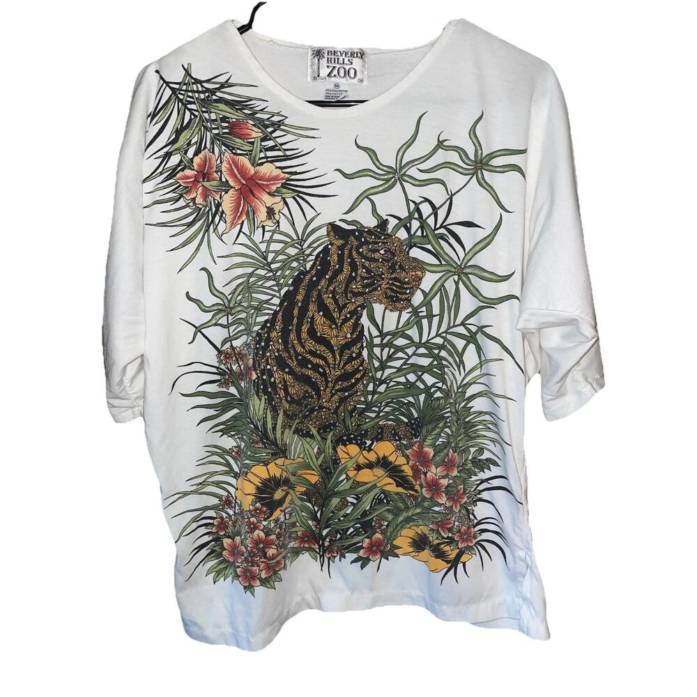 Vintage 1989 Beverly Hills Zoo Tshirt With Glittery Cheetah Floral Design Sz M